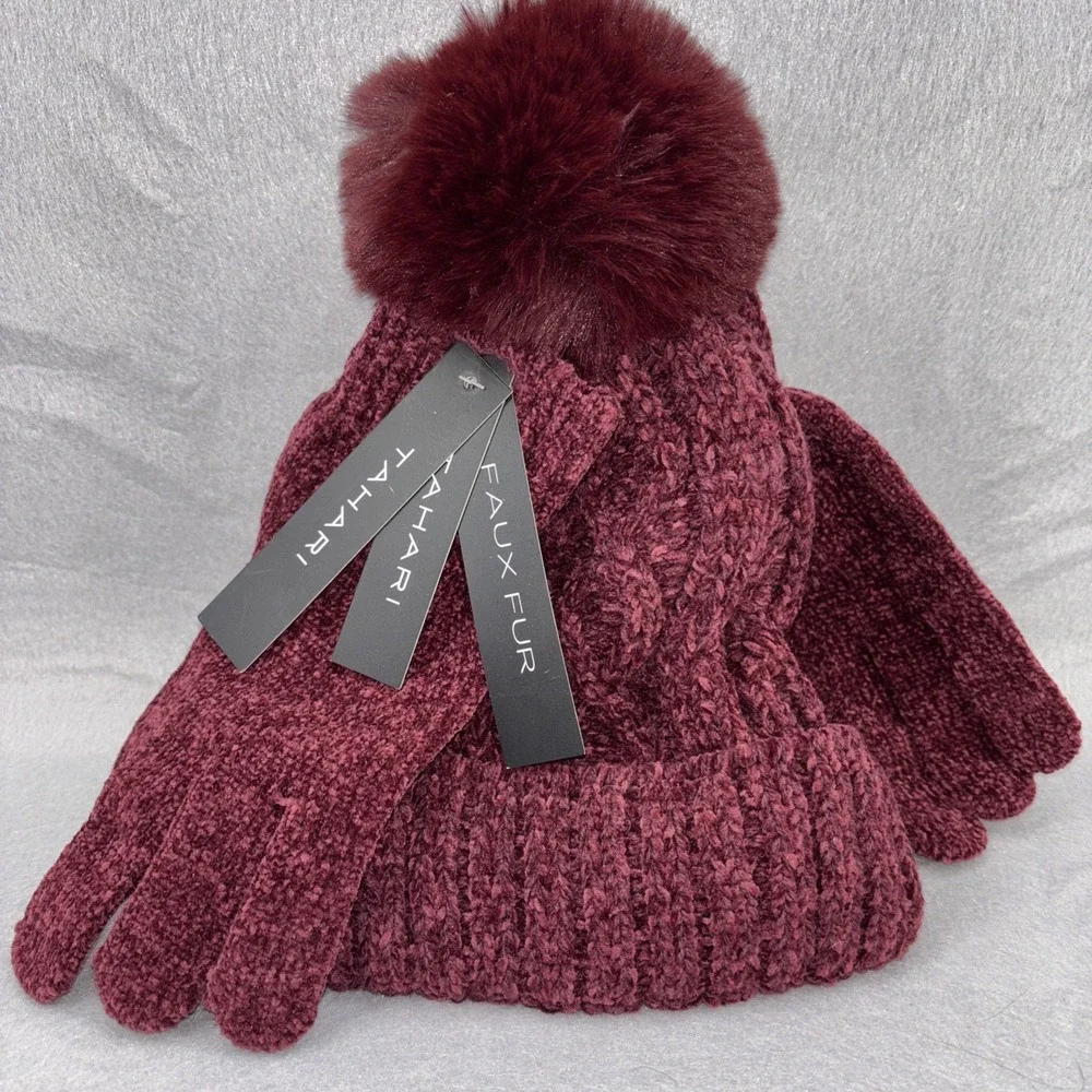 Tahari Pom Pom Knit Chanel Faux Fur Beanie Hat‎ & Matching gloves Burgundy NWT
